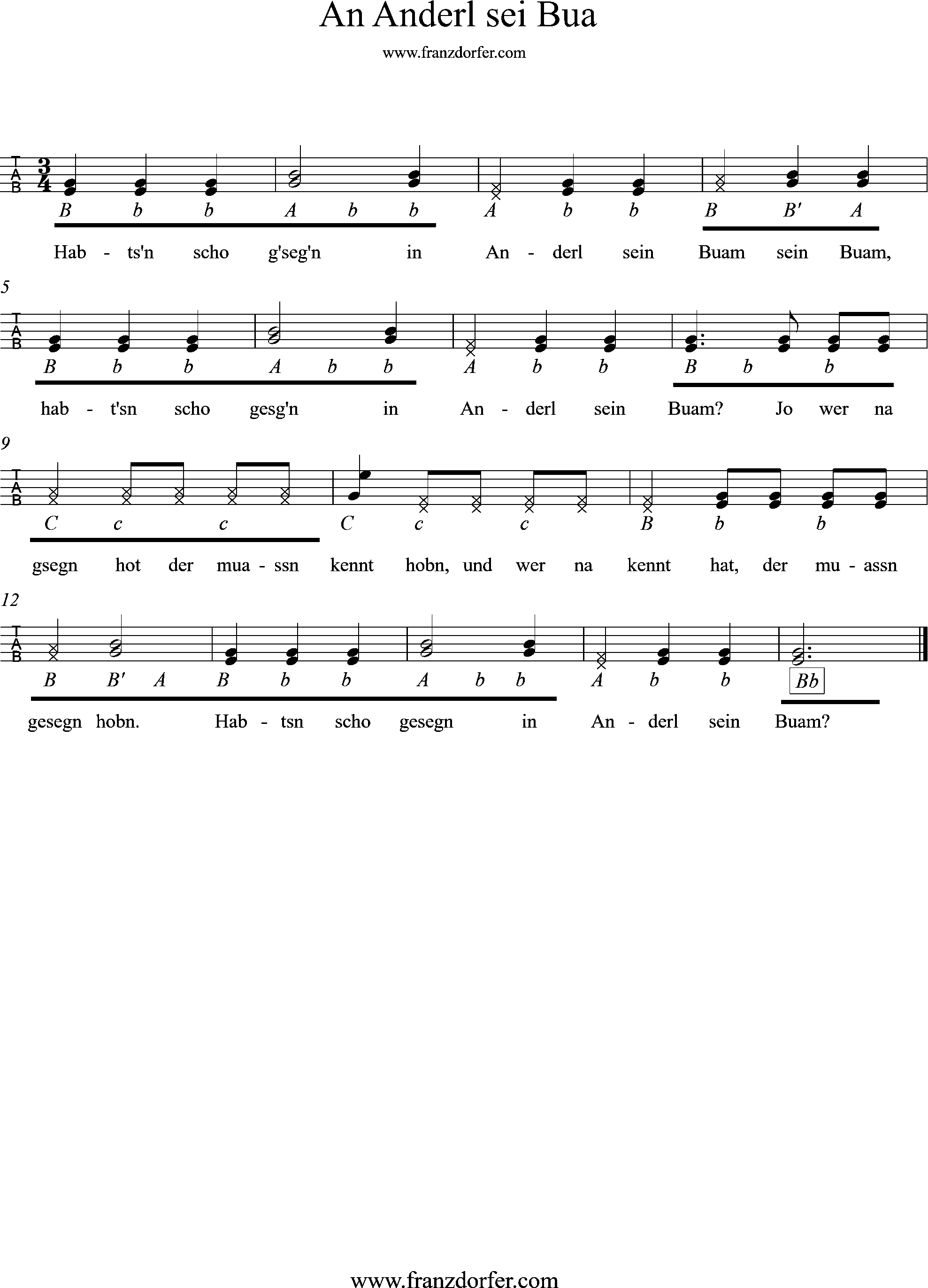 Quetschn Noten , An Anderl sei Bua-griffschrift, Takt 10 auf zug